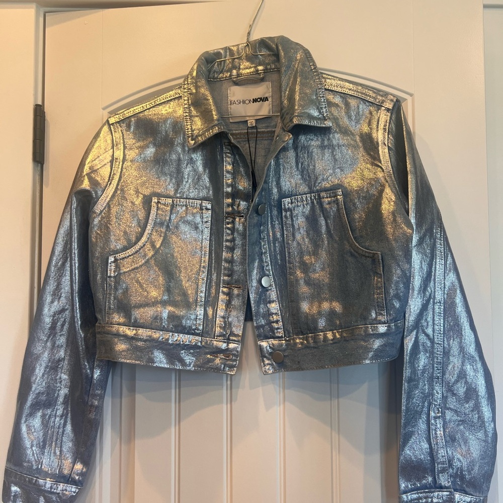 Fashion Nova Metallic Coated Denim  Jacket